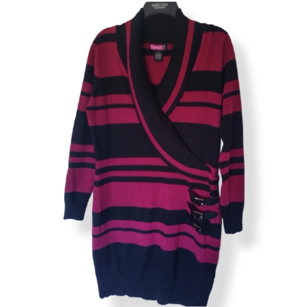 Vintage Say What Cowl Neck Faux Wrap Buckled Sweater Dress 1X